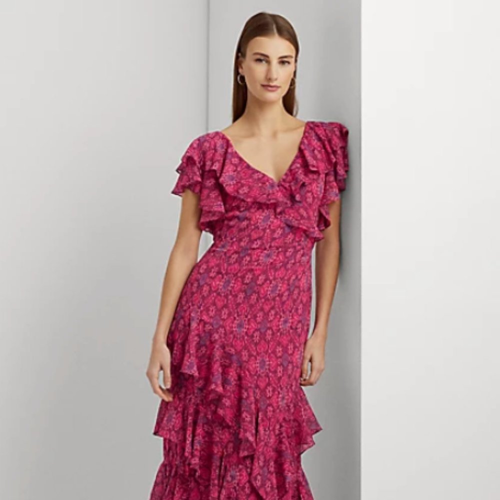 Ralph Lauren Geo-Print Ruffle-Trim Georgette Gown